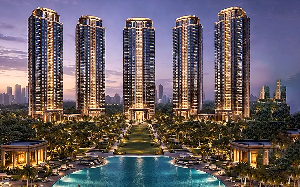 Godrej Samaris towers with landscaped pool at dusk