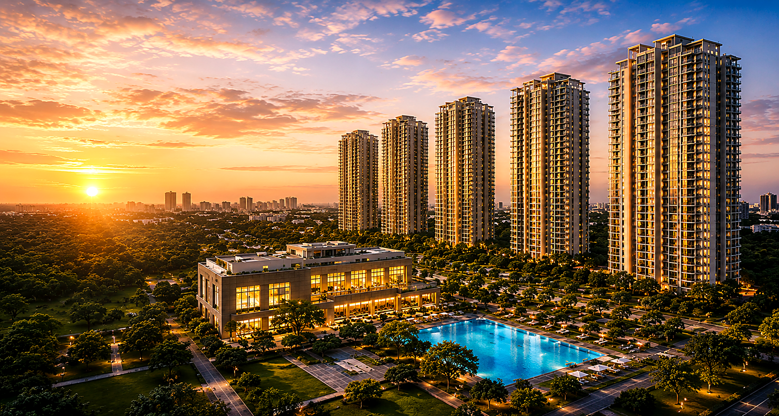 Godrej Samaris clubhouse and pool at sunset